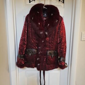 Luxurious Burgundy (RED) Fox Fur Trimmed Coat